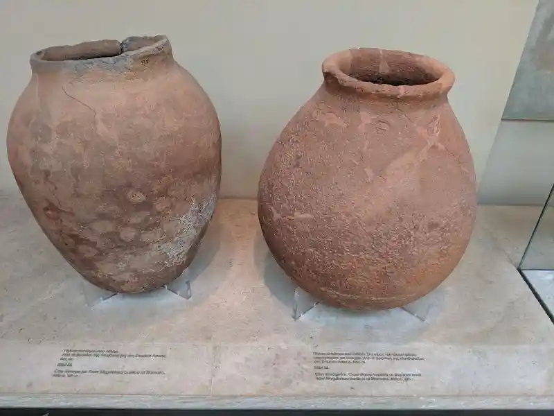 Two 6th-century clay storage jars from Myrsinidessa basilica, Stamata, Attica